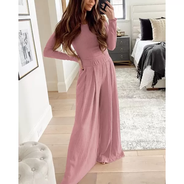 imageBTFBM Womens Two Piece Lounge Set Long Sleeve Bodycon Ribbed Knit Crop Top Loose Wide Leg Pant Casual Outfits SweatsuitSolid Pink