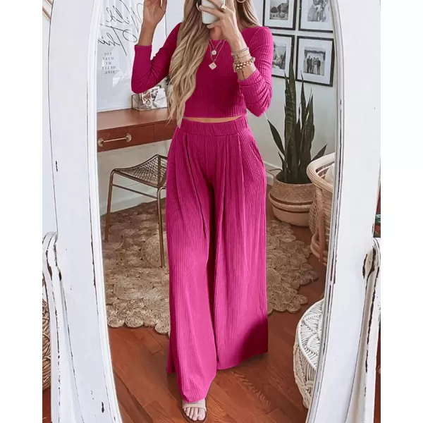 imageBTFBM Womens Two Piece Lounge Set Long Sleeve Bodycon Ribbed Knit Crop Top Loose Wide Leg Pant Casual Outfits SweatsuitSolid Rose Red