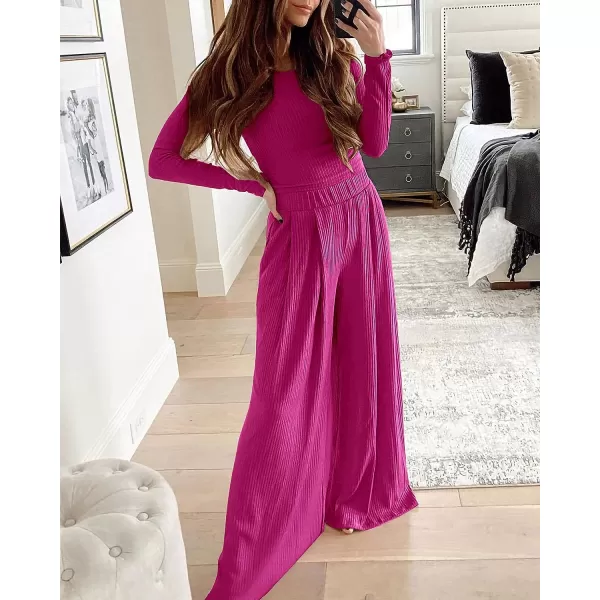 imageBTFBM Womens Two Piece Lounge Set Long Sleeve Bodycon Ribbed Knit Crop Top Loose Wide Leg Pant Casual Outfits SweatsuitSolid Rose Red