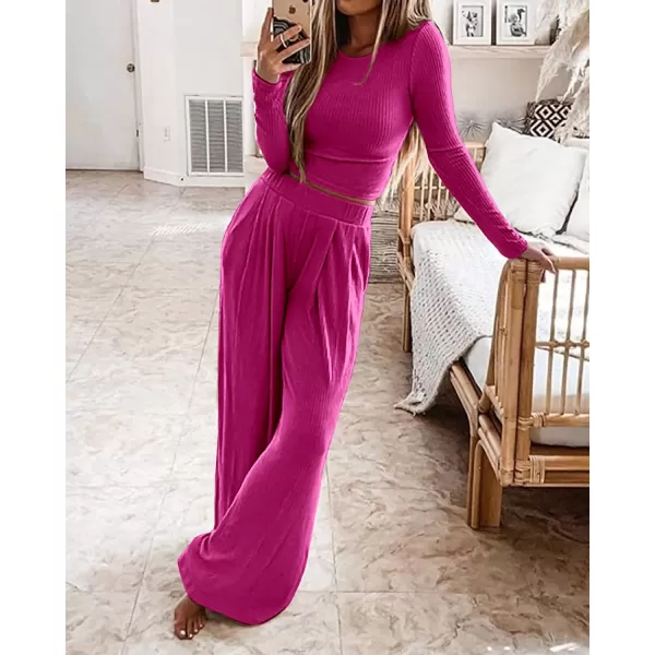 imageBTFBM Womens Two Piece Lounge Set Long Sleeve Bodycon Ribbed Knit Crop Top Loose Wide Leg Pant Casual Outfits SweatsuitSolid Rose Red