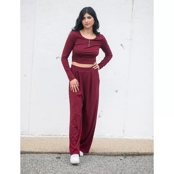 imageBTFBM Womens Two Piece Lounge Set Long Sleeve Bodycon Ribbed Knit Crop Top Loose Wide Leg Pant Casual Outfits SweatsuitSolid Wine Red