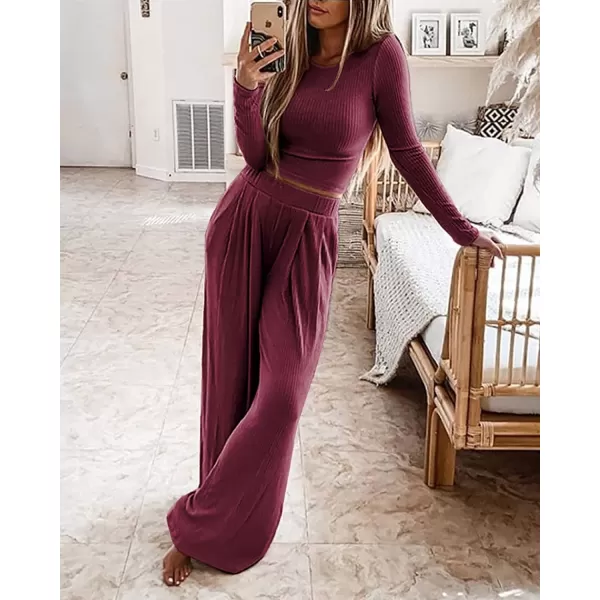 imageBTFBM Womens Two Piece Lounge Set Long Sleeve Bodycon Ribbed Knit Crop Top Loose Wide Leg Pant Casual Outfits SweatsuitSolid Wine Red