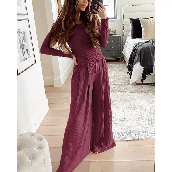 imageBTFBM Womens Two Piece Lounge Set Long Sleeve Bodycon Ribbed Knit Crop Top Loose Wide Leg Pant Casual Outfits SweatsuitSolid Wine Red