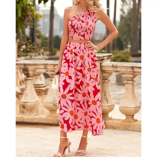 imageBTFBM Womens Two Piece Summer Outfits Boho One Shoulder Beach Dresses Smocked Tube Top Flowy Floral Long Maxi Skirt SetBig Floral Red