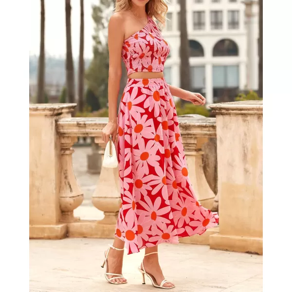 imageBTFBM Womens Two Piece Summer Outfits Boho One Shoulder Beach Dresses Smocked Tube Top Flowy Floral Long Maxi Skirt SetBig Floral Red