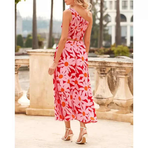 imageBTFBM Womens Two Piece Summer Outfits Boho One Shoulder Beach Dresses Smocked Tube Top Flowy Floral Long Maxi Skirt SetBig Floral Red