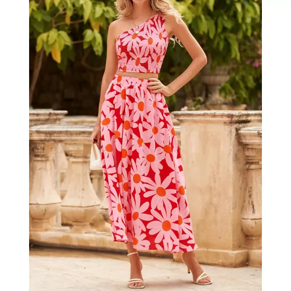 imageBTFBM Womens Two Piece Summer Outfits Boho One Shoulder Beach Dresses Smocked Tube Top Flowy Floral Long Maxi Skirt SetBig Floral Red