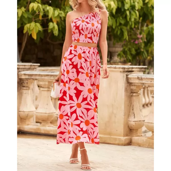 imageBTFBM Womens Two Piece Summer Outfits Boho One Shoulder Beach Dresses Smocked Tube Top Flowy Floral Long Maxi Skirt SetBig Floral Red