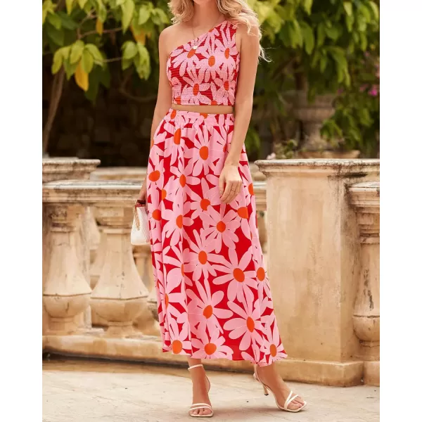 imageBTFBM Womens Two Piece Summer Outfits Boho One Shoulder Beach Dresses Smocked Tube Top Flowy Floral Long Maxi Skirt SetBig Floral Red