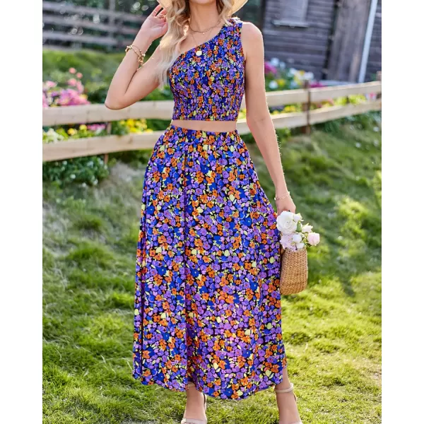 imageBTFBM Womens Two Piece Summer Outfits Boho One Shoulder Beach Dresses Smocked Tube Top Flowy Floral Long Maxi Skirt SetFloral Black Blue