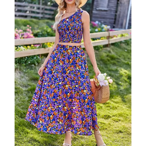 imageBTFBM Womens Two Piece Summer Outfits Boho One Shoulder Beach Dresses Smocked Tube Top Flowy Floral Long Maxi Skirt SetFloral Black Blue