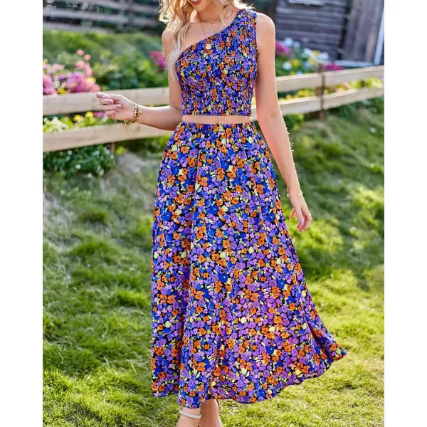 imageBTFBM Womens Two Piece Summer Outfits Boho One Shoulder Beach Dresses Smocked Tube Top Flowy Floral Long Maxi Skirt SetFloral Black Blue