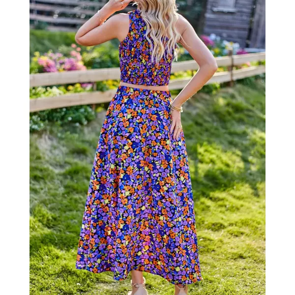 imageBTFBM Womens Two Piece Summer Outfits Boho One Shoulder Beach Dresses Smocked Tube Top Flowy Floral Long Maxi Skirt SetFloral Black Blue