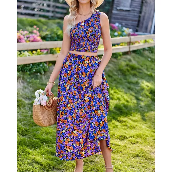 imageBTFBM Womens Two Piece Summer Outfits Boho One Shoulder Beach Dresses Smocked Tube Top Flowy Floral Long Maxi Skirt SetFloral Black Blue