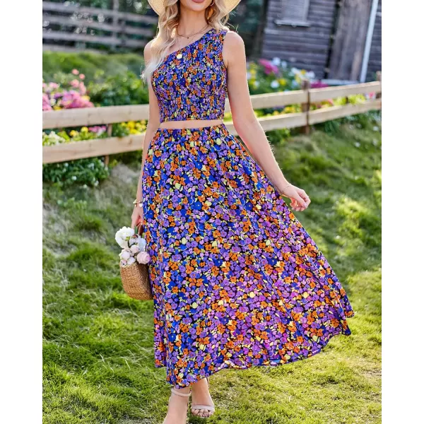imageBTFBM Womens Two Piece Summer Outfits Boho One Shoulder Beach Dresses Smocked Tube Top Flowy Floral Long Maxi Skirt SetFloral Black Blue
