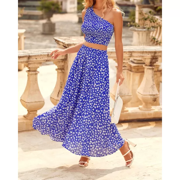 imageBTFBM Womens Two Piece Summer Outfits Boho One Shoulder Beach Dresses Smocked Tube Top Flowy Floral Long Maxi Skirt SetFloral Blue White