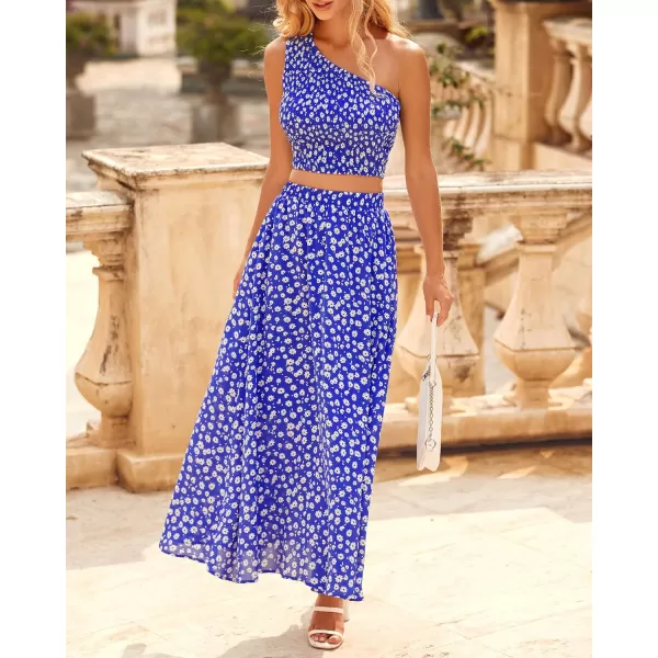 imageBTFBM Womens Two Piece Summer Outfits Boho One Shoulder Beach Dresses Smocked Tube Top Flowy Floral Long Maxi Skirt SetFloral Blue White