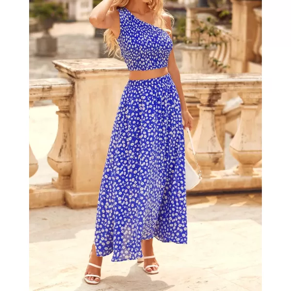 imageBTFBM Womens Two Piece Summer Outfits Boho One Shoulder Beach Dresses Smocked Tube Top Flowy Floral Long Maxi Skirt SetFloral Blue White