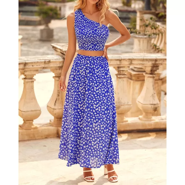 imageBTFBM Womens Two Piece Summer Outfits Boho One Shoulder Beach Dresses Smocked Tube Top Flowy Floral Long Maxi Skirt SetFloral Blue White