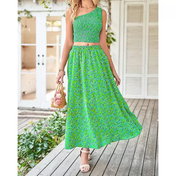 imageBTFBM Womens Two Piece Summer Outfits Boho One Shoulder Beach Dresses Smocked Tube Top Flowy Floral Long Maxi Skirt SetFloral Green Blue