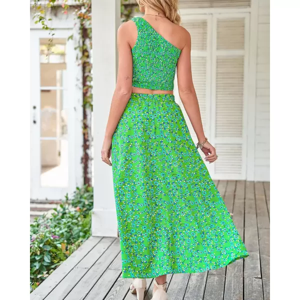 imageBTFBM Womens Two Piece Summer Outfits Boho One Shoulder Beach Dresses Smocked Tube Top Flowy Floral Long Maxi Skirt SetFloral Green Blue