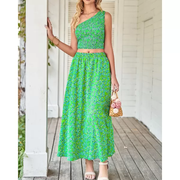 imageBTFBM Womens Two Piece Summer Outfits Boho One Shoulder Beach Dresses Smocked Tube Top Flowy Floral Long Maxi Skirt SetFloral Green Blue