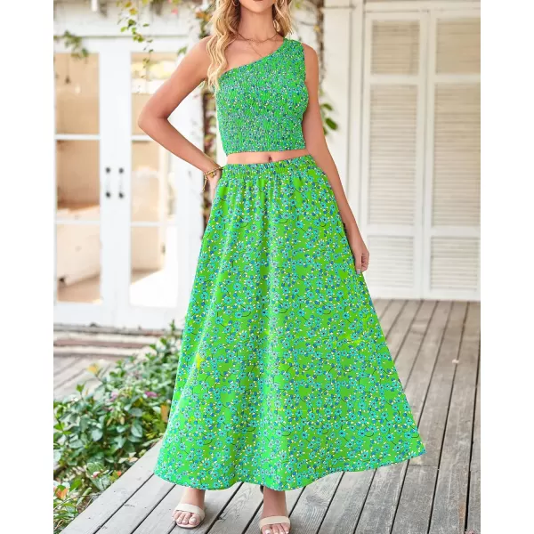 imageBTFBM Womens Two Piece Summer Outfits Boho One Shoulder Beach Dresses Smocked Tube Top Flowy Floral Long Maxi Skirt SetFloral Green Blue