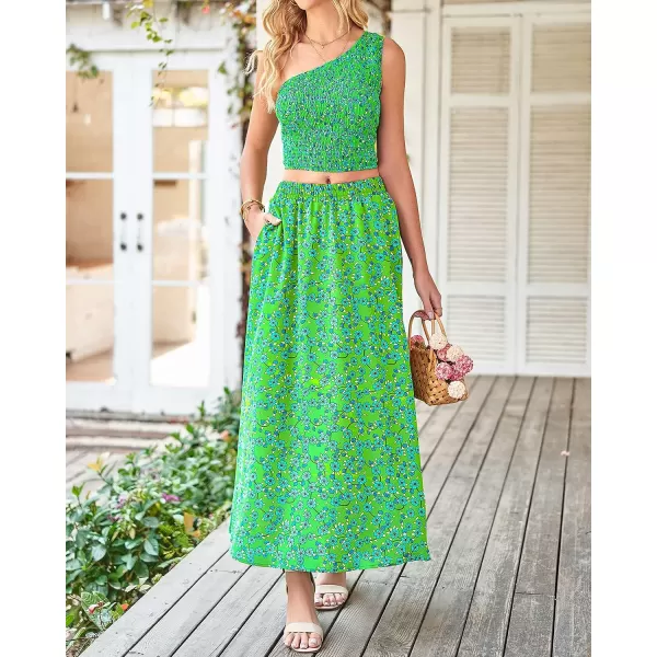 imageBTFBM Womens Two Piece Summer Outfits Boho One Shoulder Beach Dresses Smocked Tube Top Flowy Floral Long Maxi Skirt SetFloral Green Blue