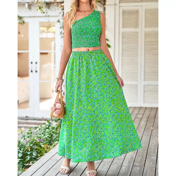 imageBTFBM Womens Two Piece Summer Outfits Boho One Shoulder Beach Dresses Smocked Tube Top Flowy Floral Long Maxi Skirt SetFloral Green Blue