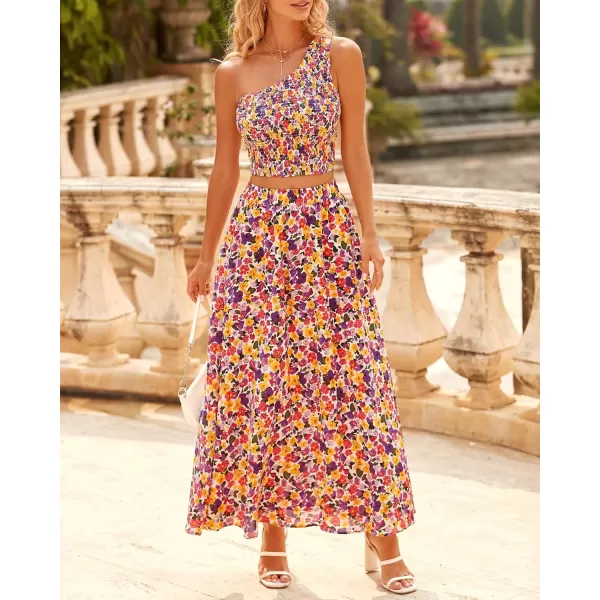 imageBTFBM Womens Two Piece Summer Outfits Boho One Shoulder Beach Dresses Smocked Tube Top Flowy Floral Long Maxi Skirt SetFloral White Purple