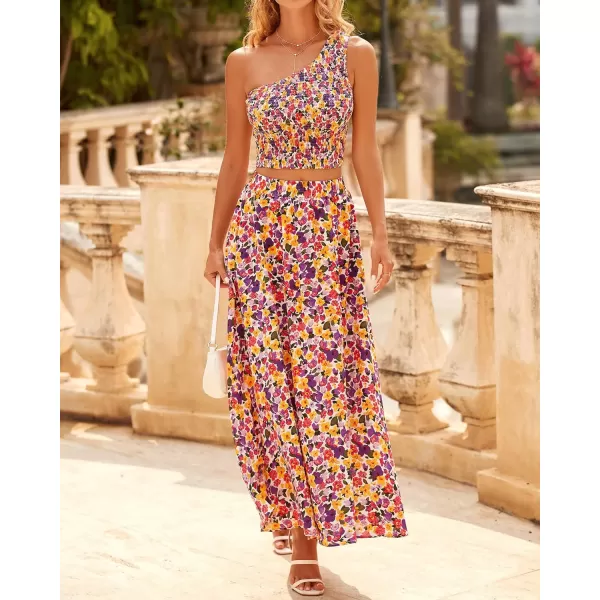 imageBTFBM Womens Two Piece Summer Outfits Boho One Shoulder Beach Dresses Smocked Tube Top Flowy Floral Long Maxi Skirt SetFloral White Purple