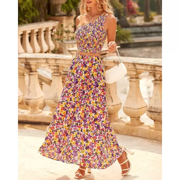 imageBTFBM Womens Two Piece Summer Outfits Boho One Shoulder Beach Dresses Smocked Tube Top Flowy Floral Long Maxi Skirt SetFloral White Purple