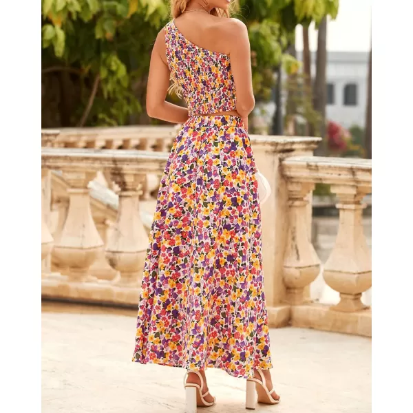 imageBTFBM Womens Two Piece Summer Outfits Boho One Shoulder Beach Dresses Smocked Tube Top Flowy Floral Long Maxi Skirt SetFloral White Purple