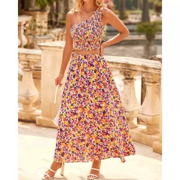 imageBTFBM Womens Two Piece Summer Outfits Boho One Shoulder Beach Dresses Smocked Tube Top Flowy Floral Long Maxi Skirt SetFloral White Purple