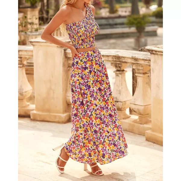 imageBTFBM Womens Two Piece Summer Outfits Boho One Shoulder Beach Dresses Smocked Tube Top Flowy Floral Long Maxi Skirt SetFloral White Purple