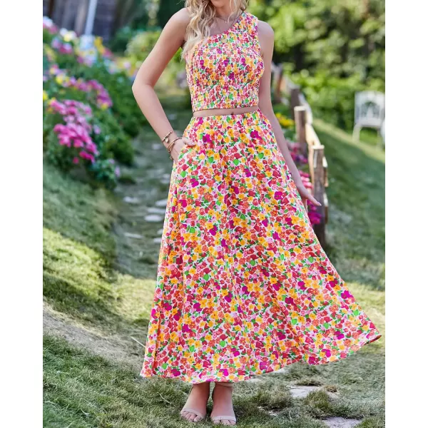 imageBTFBM Womens Two Piece Summer Outfits Boho One Shoulder Beach Dresses Smocked Tube Top Flowy Floral Long Maxi Skirt SetFloral White Red