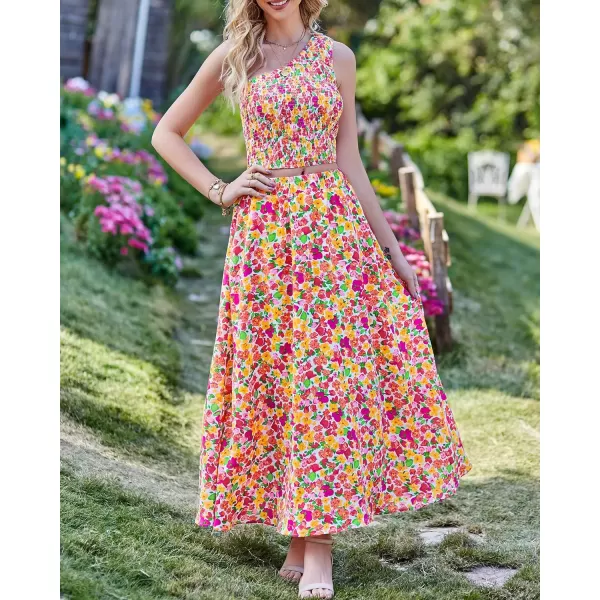 imageBTFBM Womens Two Piece Summer Outfits Boho One Shoulder Beach Dresses Smocked Tube Top Flowy Floral Long Maxi Skirt SetFloral White Red