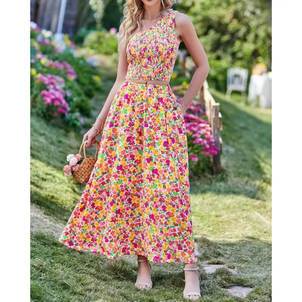 imageBTFBM Womens Two Piece Summer Outfits Boho One Shoulder Beach Dresses Smocked Tube Top Flowy Floral Long Maxi Skirt SetFloral White Red