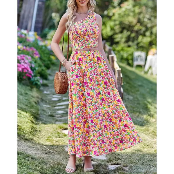 imageBTFBM Womens Two Piece Summer Outfits Boho One Shoulder Beach Dresses Smocked Tube Top Flowy Floral Long Maxi Skirt SetFloral White Red