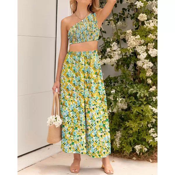 imageBTFBM Womens Two Piece Summer Outfits Boho One Shoulder Beach Dresses Smocked Tube Top Flowy Floral Long Maxi Skirt SetFloral White Yellow