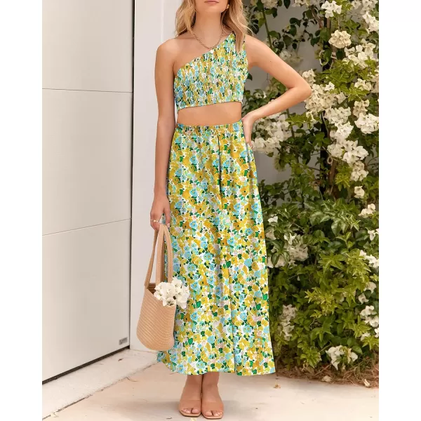 imageBTFBM Womens Two Piece Summer Outfits Boho One Shoulder Beach Dresses Smocked Tube Top Flowy Floral Long Maxi Skirt SetFloral White Yellow