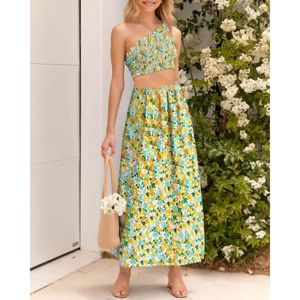 imageBTFBM Womens Two Piece Summer Outfits Boho One Shoulder Beach Dresses Smocked Tube Top Flowy Floral Long Maxi Skirt SetFloral White Yellow