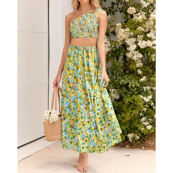 imageBTFBM Womens Two Piece Summer Outfits Boho One Shoulder Beach Dresses Smocked Tube Top Flowy Floral Long Maxi Skirt SetFloral White Yellow