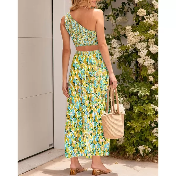 imageBTFBM Womens Two Piece Summer Outfits Boho One Shoulder Beach Dresses Smocked Tube Top Flowy Floral Long Maxi Skirt SetFloral White Yellow
