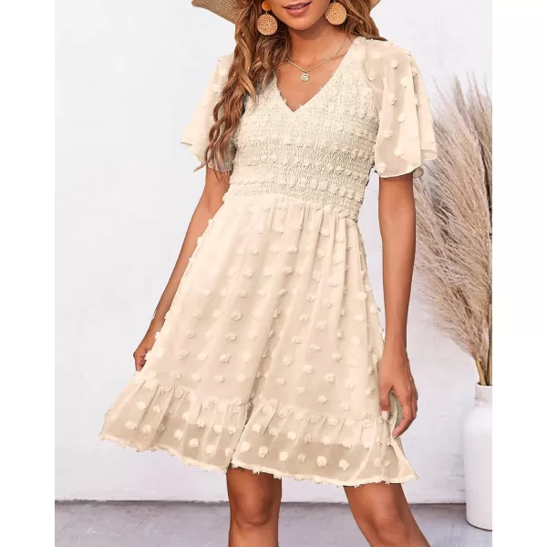 imageBTFBM Womens V Neck Smocked Short Sleeve Casual Dress Swiss Dot Swing Flowy Ruffle Hem Mini Beach Summer Dresses 2023Swiss Dot Apricot