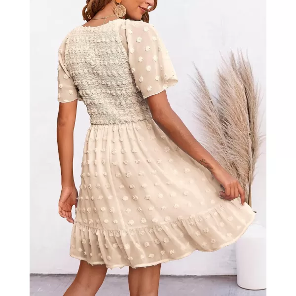 imageBTFBM Womens V Neck Smocked Short Sleeve Casual Dress Swiss Dot Swing Flowy Ruffle Hem Mini Beach Summer Dresses 2023Swiss Dot Apricot