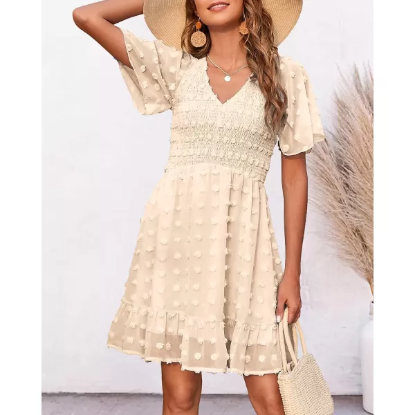 imageBTFBM Womens V Neck Smocked Short Sleeve Casual Dress Swiss Dot Swing Flowy Ruffle Hem Mini Beach Summer Dresses 2023Swiss Dot Apricot
