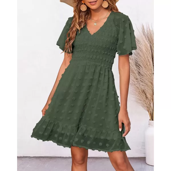 imageBTFBM Womens V Neck Smocked Short Sleeve Casual Dress Swiss Dot Swing Flowy Ruffle Hem Mini Beach Summer Dresses 2023Swiss Dot Army Green