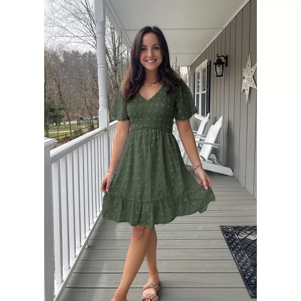imageBTFBM Womens V Neck Smocked Short Sleeve Casual Dress Swiss Dot Swing Flowy Ruffle Hem Mini Beach Summer Dresses 2023Swiss Dot Army Green