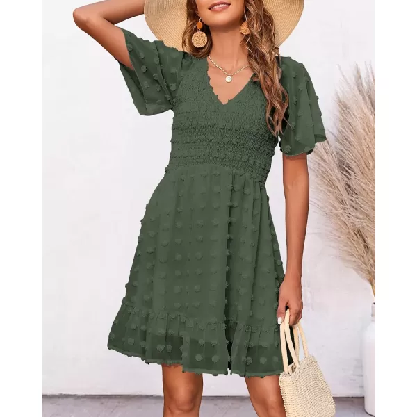 imageBTFBM Womens V Neck Smocked Short Sleeve Casual Dress Swiss Dot Swing Flowy Ruffle Hem Mini Beach Summer Dresses 2023Swiss Dot Army Green